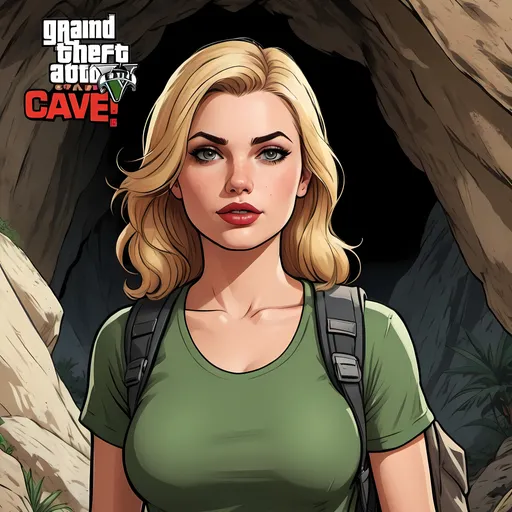 Prompt: GTAV cover image, Classic comic style drawing of a beautiful adventurous woman, payton list full lips, beautiful body, wearing a backpack, exploring a cave, perfect face