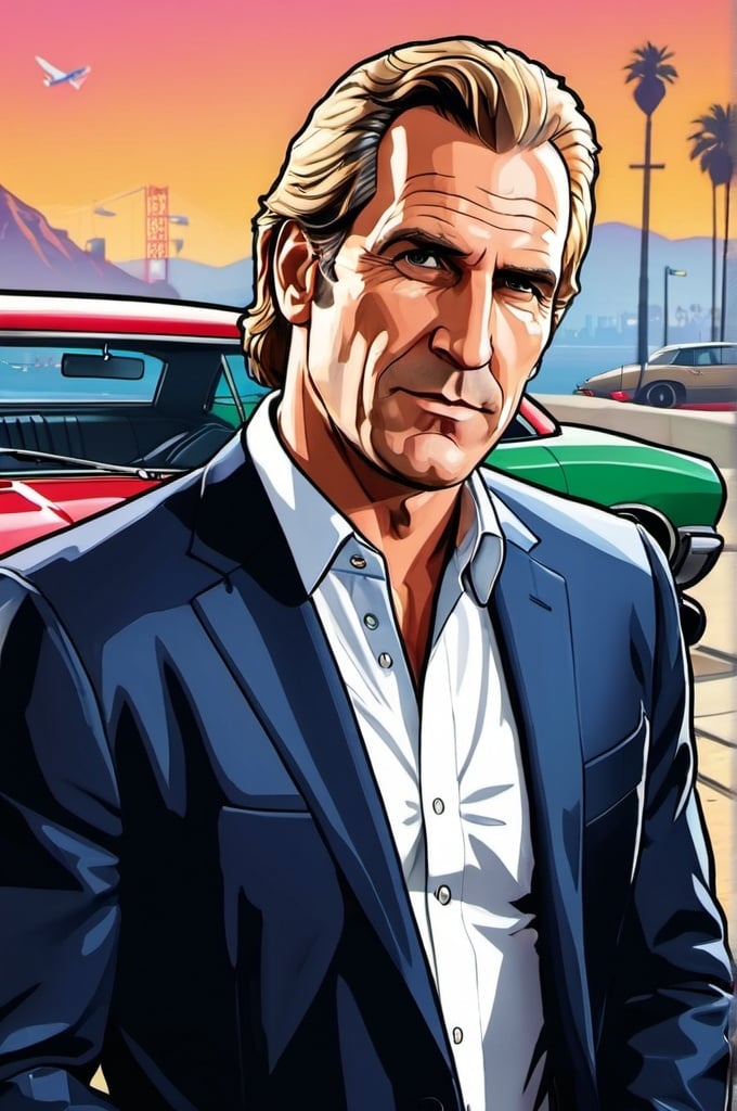 Prompt: Detailed hi res GTA V cover art, cartoon illustration, michael bolton