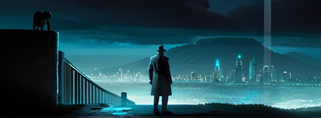 Prompt: portrait of 40s detective standing on a hill on a mistic night looking over the city