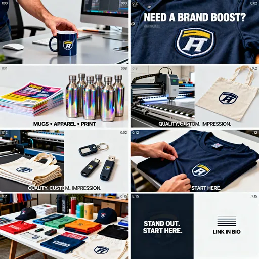 Prompt: Time (Approx.),Visuals / Actions (Quick Cuts),"On-Screen Text (Optional, keep short)",Voiceover/Audio (Optional)
0:00 – 0:02,OPENING HOOK - Quick montage of attractive items.  Shot 1: A hand placing a branded mug on a sleek desk.  Shot 2: Close-up of a high-quality embroidered logo on a shirt.,NEED A BRAND BOOST?,(Energetic music starts)
0:02 – 0:08,"PRODUCT SHOWCASE - Rapid cuts focusing on key items:  Shot 3: Stack of vibrant, printed papers/flyers.  Shot 4: Tumblers/Bottles lined up, glinting.  Shot 5: Custom tote bags being folded neatly.  Shot 6: USB drives or tech gadgets with a logo.",MUGS • APPAREL • PRINT,
0:08 – 0:12,"THE PROCESS/QUALITY - Shot 7: Close-up of a printing machine running smoothly.  Shot 8: Hand inspecting the quality of a finished product (e.g., feeling the fabric of a branded shirt).",QUALITY. CUSTOM. IMPRESSION.,
0:12 – 0:15,"CALL TO ACTION - Shot 9: Zoom out to show a table full of diverse, finished promotional items.  Shot 10: Final shot of your company name/logo subtly displayed.",STAND OUT. START HERE.,(Music peaks slightly)
0:15 – End,"CLOSING SCREEN - A simple, clean graphic.",LINK IN BIO,(Music fades)