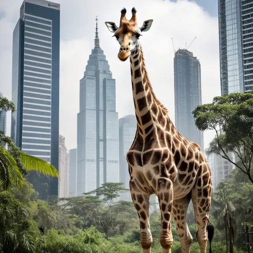 Prompt: plaid giraffe in jungle with skyscrapers seen in the distance