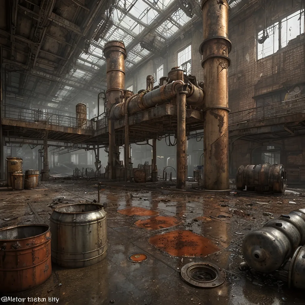 Prompt: A leaky rusty vat full of leaking rusty chemicals in a steampunk boilerpunk factory. Post apocalyptic interior. Debris rubbish and graffiti, ground littered with bits of machinery 