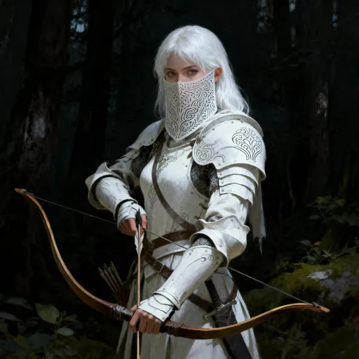 Prompt: A female warrior in white armour, covered in etched scrim. She has white hair and is holding a bow.
Forest background. Dark
