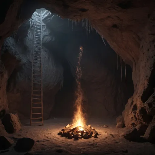 Prompt: interior of a long underground mineshaft, cave, dusty, cobwebs, flickering torchlight,  campfire, dark shadow, dark, nighttime, HD, hyper realistic, 4k 8k