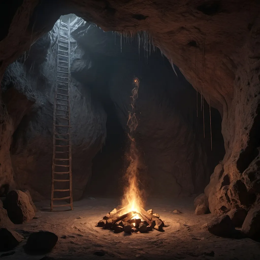 Prompt: interior of a long underground mineshaft, cave, dusty, cobwebs, flickering torchlight,  campfire, dark shadow, dark, nighttime, HD, hyper realistic, 4k 8k