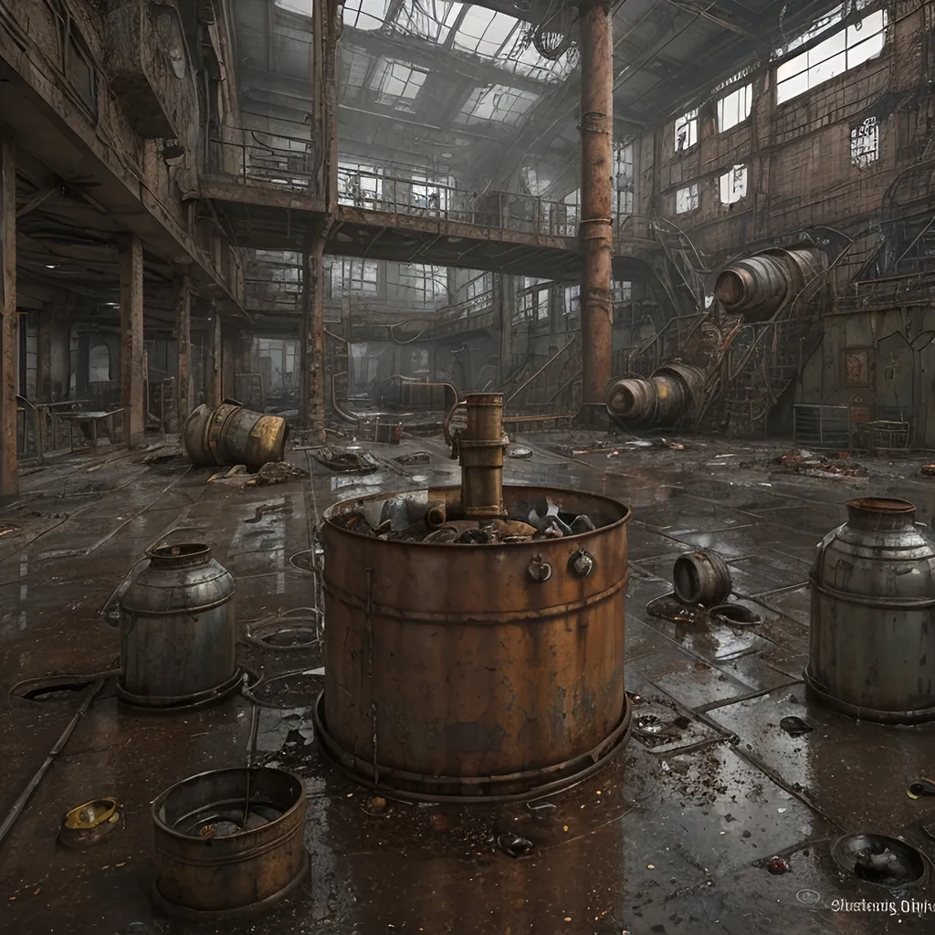 Prompt: A leaky rusty vat full of leaking rusty chemicals in a steampunk boilerpunk factory. Post apocalyptic interior. Debris rubbish and graffiti, ground littered with bits of machinery 