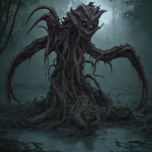 Prompt: a lovecraftian creature rising out of the swamp, horror, alien squid hybrid,  polymorph, 4k, sharp focus, studio photo, intricate details, highly detailed, graveyard
