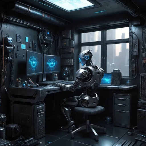 Prompt: Cyberpunk setting. A room with a desk. A robot head with blue eyes is sitting on the desk. dystopia environment,  black with silver, realism, many detailed, real paint texture, HD, 4k, hyper realistic 