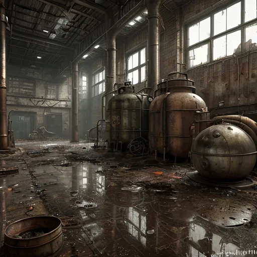 Prompt: A leaky rusty vat full of leaking rusty chemicals in a steampunk boilerpunk factory. Post apocalyptic interior. Debris rubbish and graffiti 