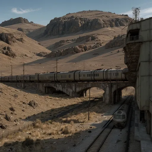 Prompt: Setting: Post apocalyptic dystopia
Railway line running through some barren hills