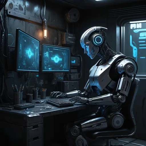 Prompt: Cyberpunk setting. A room with a desk. A robot head with blue eyes is sitting on the desk. dystopia environment,  black with silver, realism, many detailed, real paint texture, HD, 4k, hyper realistic 