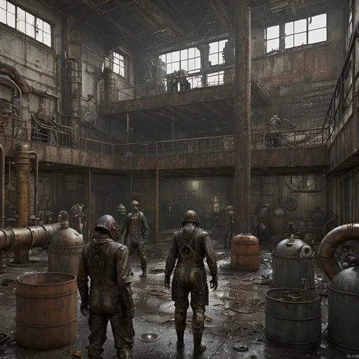 Prompt: A leaky rusty vat full of leaking rusty chemicals in a steampunk boilerpunk factory. Post apocalyptic interior. Debris rubbish and graffiti, ground littered with bits of machinery. men in boiler suits standing in the foreground wearing gasmasks, men in the background wearing gasmasks