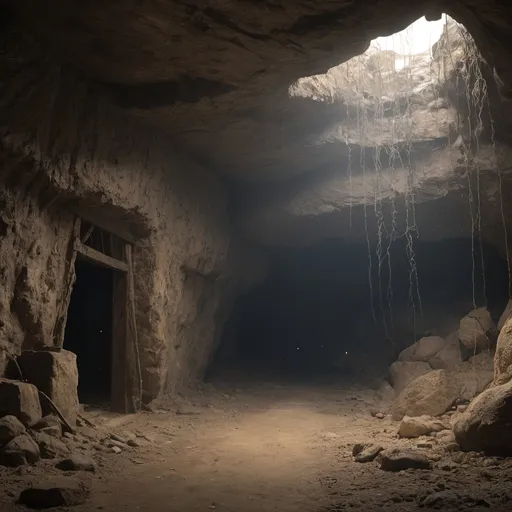 Prompt: A long mineshaft, cave, dusty, cobwebs, HD, hyper realistic, 4k 8k