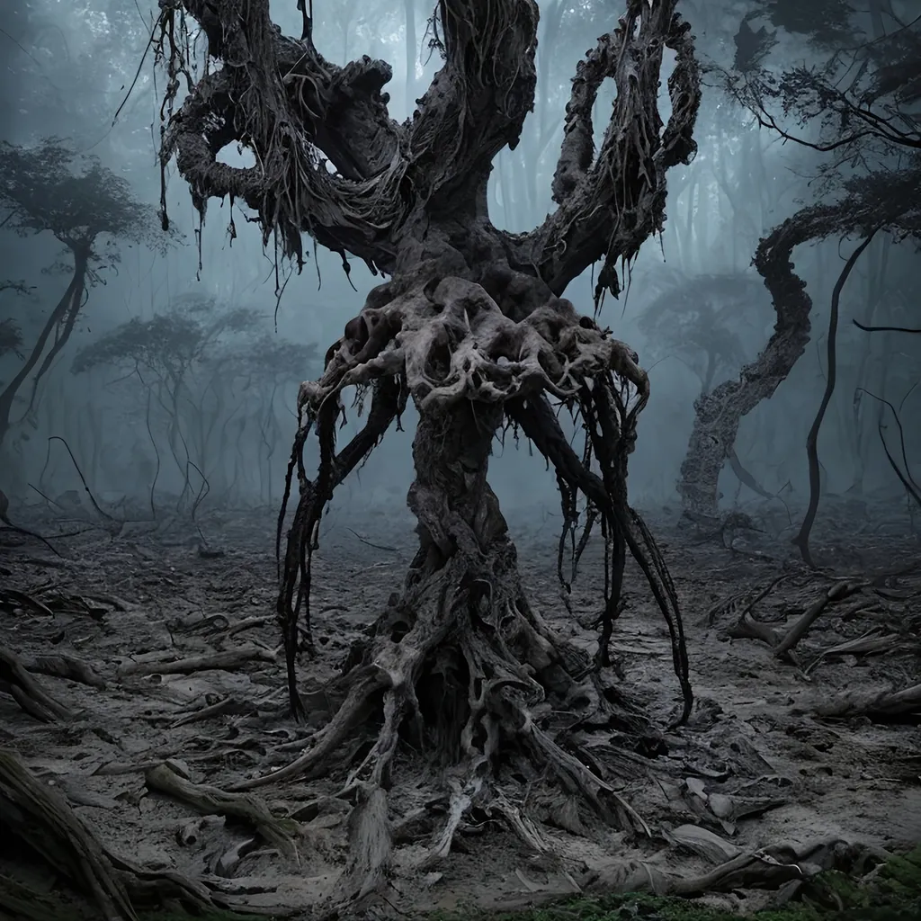 Prompt: tree morphing into a lovecraftian creature, horror, alien squid hybrid, dark eyes, polymorph, 4k, sharp focus, studio photo, intricate details, highly detailed,  ground scattered bones, overgrown post apocalyptic, bones scattered on the ground
