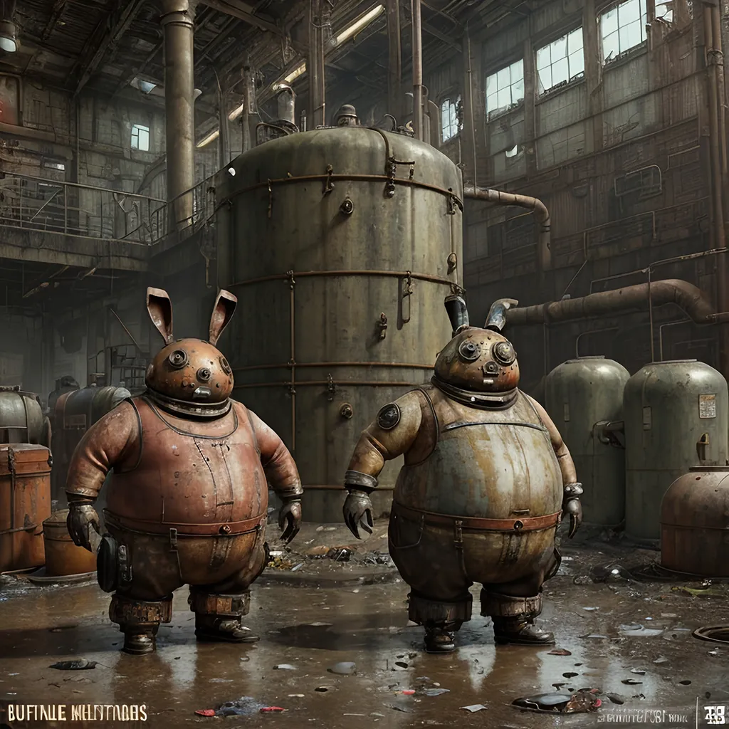 Prompt: A leaky rusty vat full of leaking rusty chemicals in a steampunk boilerpunk factory. Post apocalyptic interior. Debris rubbish and graffiti, ground littered with bits of machinery. 2 fat men wearing giant neon rabbit costumes 