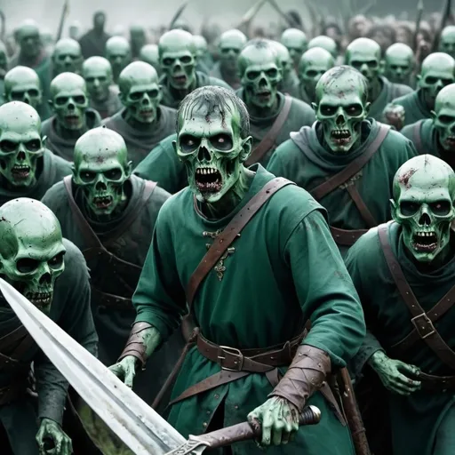 Prompt: RECREATE THE battle of 1066 with undead zombies in dark green clothing 