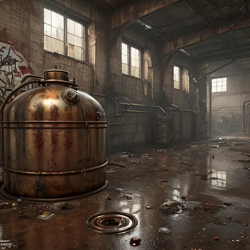 Prompt: A leaky rusty vat full of leaking rusty chemicals in a steampunk boilerpunk factory. Post apocalyptic interior. Debris rubbish and graffiti 