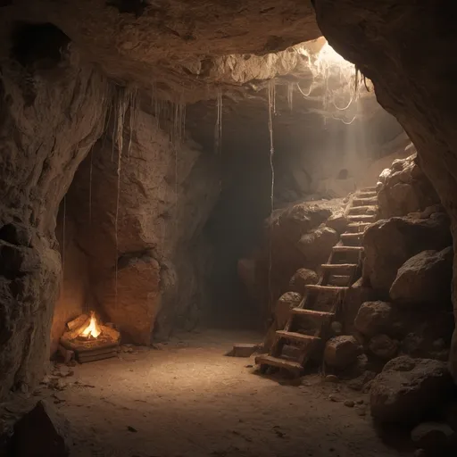 Prompt: interior of a long mineshaft, cave, dusty, cobwebs, flickering torchlight,  HD, hyper realistic, 4k 8k