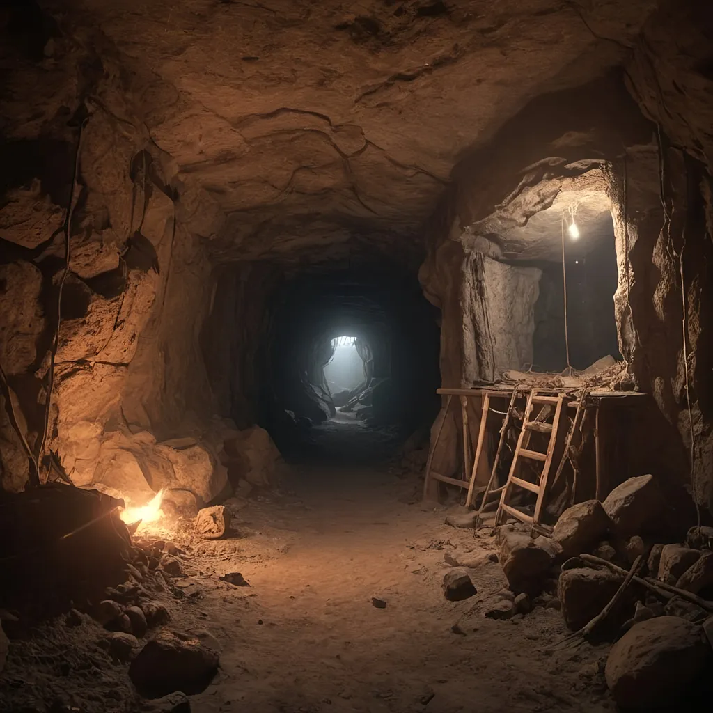 Prompt: interior of a long mineshaft, cave, dusty, cobwebs, flickering torchlight,  HD, hyper realistic, 4k 8k