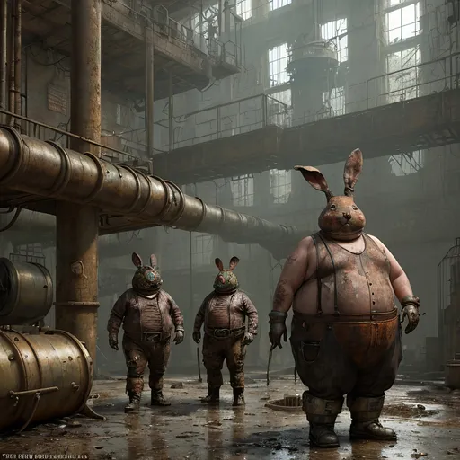 Prompt: A leaky rusty vat full of leaking rusty chemicals in a steampunk boilerpunk factory. Post apocalyptic interior. Debris rubbish and graffiti, ground littered with bits of machinery.  fat men wearing rabbit costumes in the foreground, 2 fat men the background