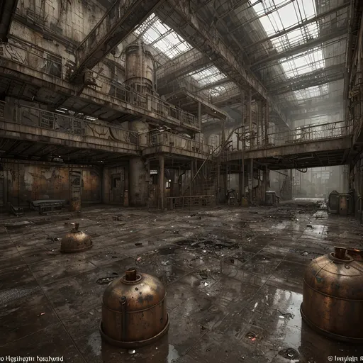 Prompt: A leaky rusty vat full of leaking rusty chemicals in a steampunk boilerpunk factory. Post apocalyptic interior. Debris rubbish and graffiti, ground littered with bits of machinery 