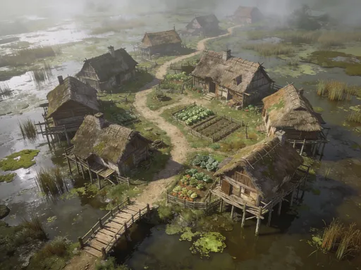 Prompt: a medieval village built on in a swamp. View from above

