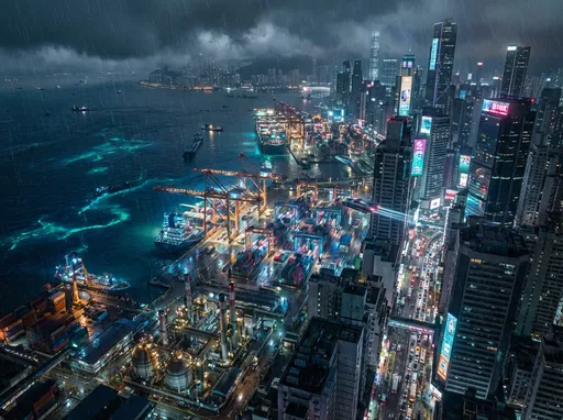 Prompt: A cyberpunk city viewed from the air, nighttime.
Coastal area, docklands, cranes, industrial area