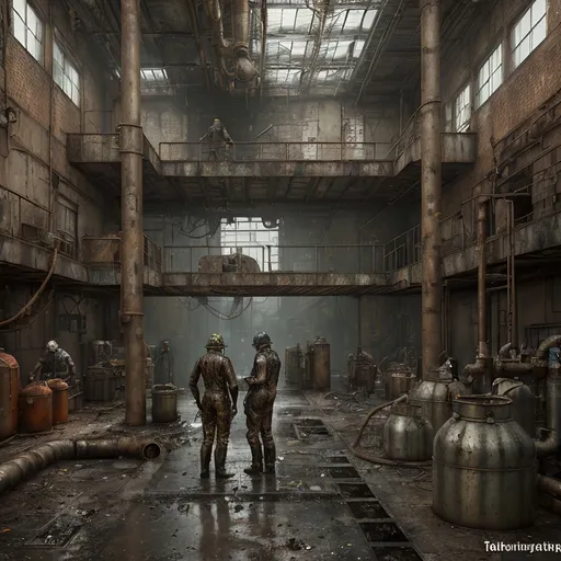 Prompt: A leaky rusty vat full of leaking rusty chemicals in a steampunk boilerpunk factory. Post apocalyptic interior. Debris rubbish and graffiti, ground littered with bits of machinery.  two men in boiler suits standing in the foreground wearing gasmasks 