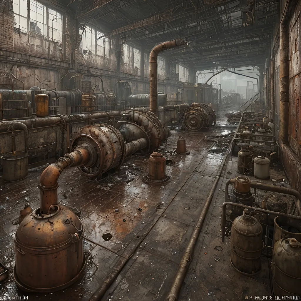 Prompt: A leaky rusty vat full of leaking rusty chemicals in a steampunk boilerpunk factory. Post apocalyptic interior. Debris rubbish and graffiti, ground littered with bits of machinery 