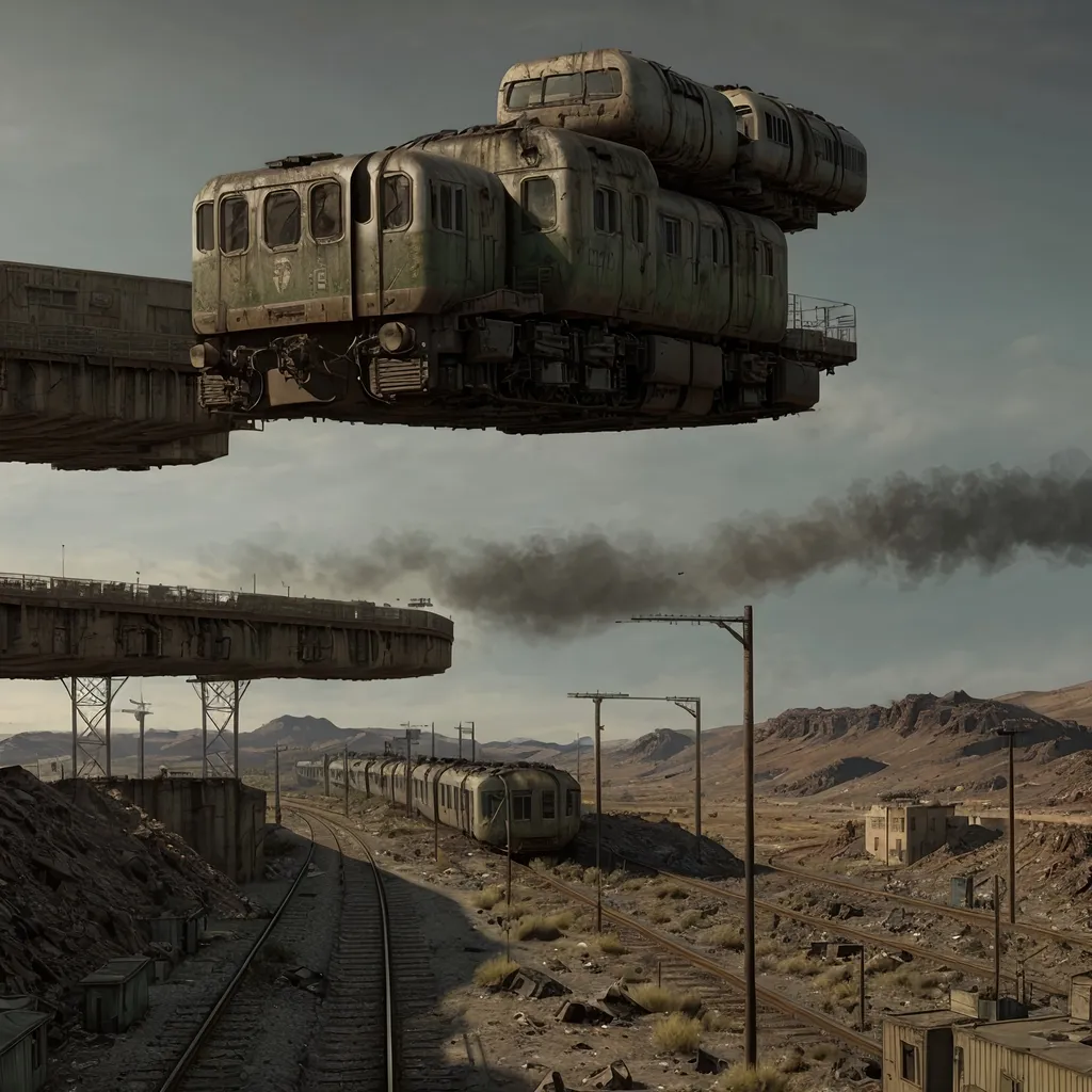 Prompt: Setting: Post apocalyptic dystopia
Railway line running through some barren hills