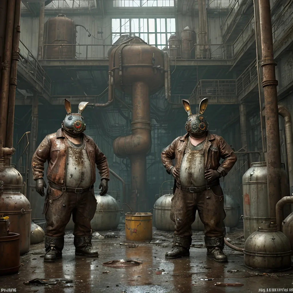 Prompt: A leaky rusty vat full of leaking rusty chemicals in a steampunk boilerpunk factory. Post apocalyptic interior. Debris rubbish and graffiti, ground littered with bits of machinery. 2 fat men wearing giant neon rabbit costumes 