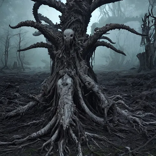 Prompt: tree morphing into a lovecraftian creature, horror, alien squid hybrid, dark eyes, sea of bones, polymorph, 4k, sharp focus, studio photo, intricate details, highly detailed, overgrown post apocalyptic, bones scattered on the ground
