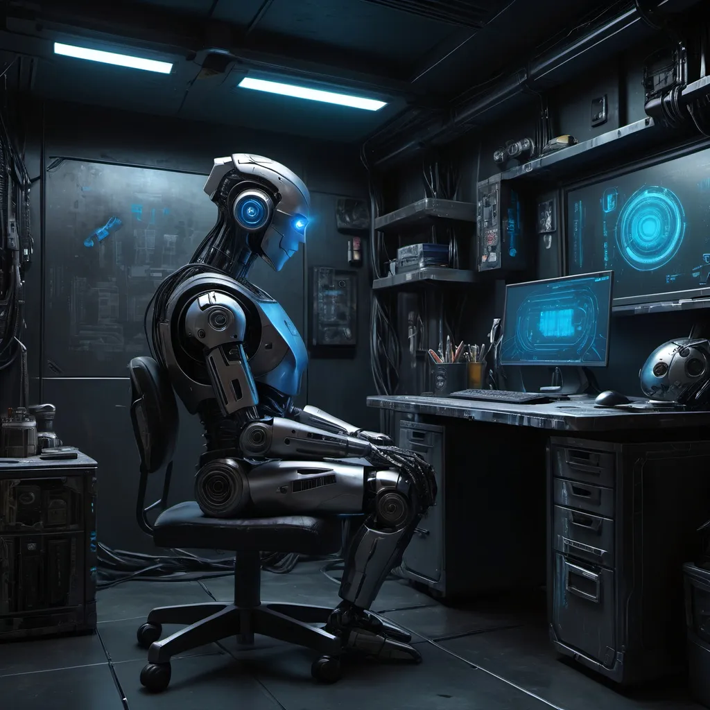 Prompt: Cyberpunk setting. A room with a desk. A robot head with blue eyes is sitting on the desk. dystopia environment,  black with silver, realism, many detailed, real paint texture, HD, 4k, hyper realistic 