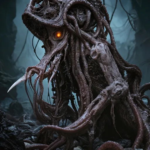 Prompt: fantasy, lovecraftian creature, horror, alien squid hybrid, dark eyes, polymorph, 4k, sharp focus, studio photo, intricate details, highly detailed, by clint langley, scattered bones, overgrown post apocalyptic, 
