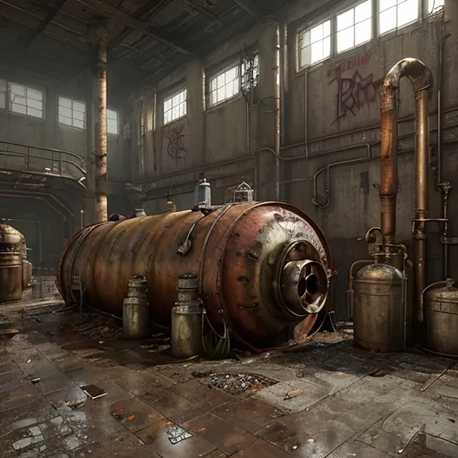 Prompt: A leaky rusty vat full of leaking rusty chemicals in a steampunk boilerpunk factory. Post apocalyptic interior. Debris rubbish and graffiti 