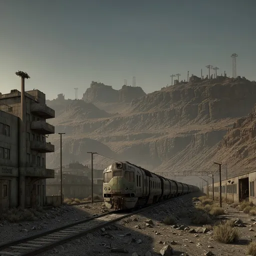 Prompt: Setting: Post apocalyptic dystopia
Railway line running through some barren hills