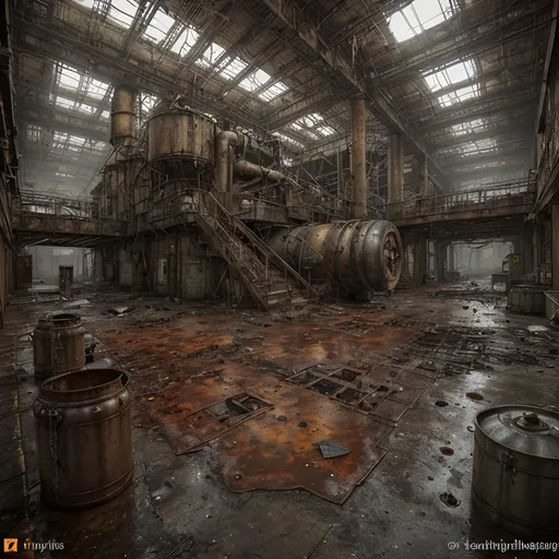 Prompt: A leaky rusty vat full of leaking rusty chemicals in a steampunk boilerpunk factory. Post apocalyptic interior. Debris rubbish and graffiti, ground littered with bits of machinery 