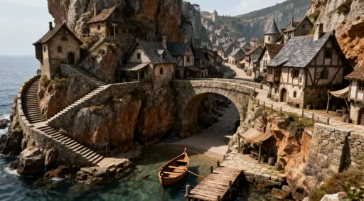 Prompt: a small medieval seaside village cliffs in the background. Medieval style. houses built up the side of the cliff face. stairs leading up the cliff to more houses. there are houses on the left and on the right as the village stretches into the distance a stone bridge connects the two

a wooden rowboat moored at a wooden dock