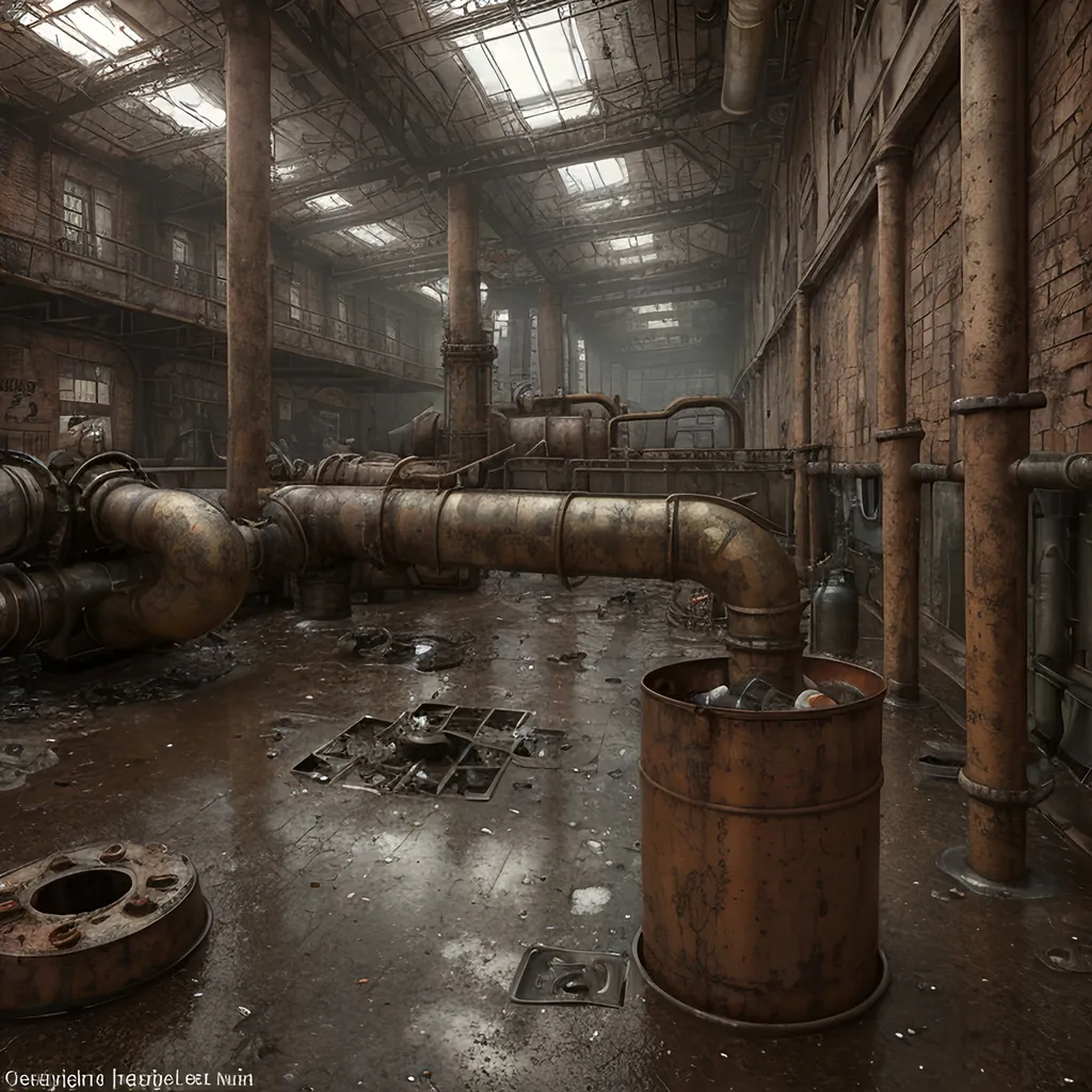 Prompt: A leaky rusty vat full of leaking rusty chemicals in a steampunk boilerpunk factory. Post apocalyptic interior. Debris rubbish and graffiti, ground littered with bits of machinery 