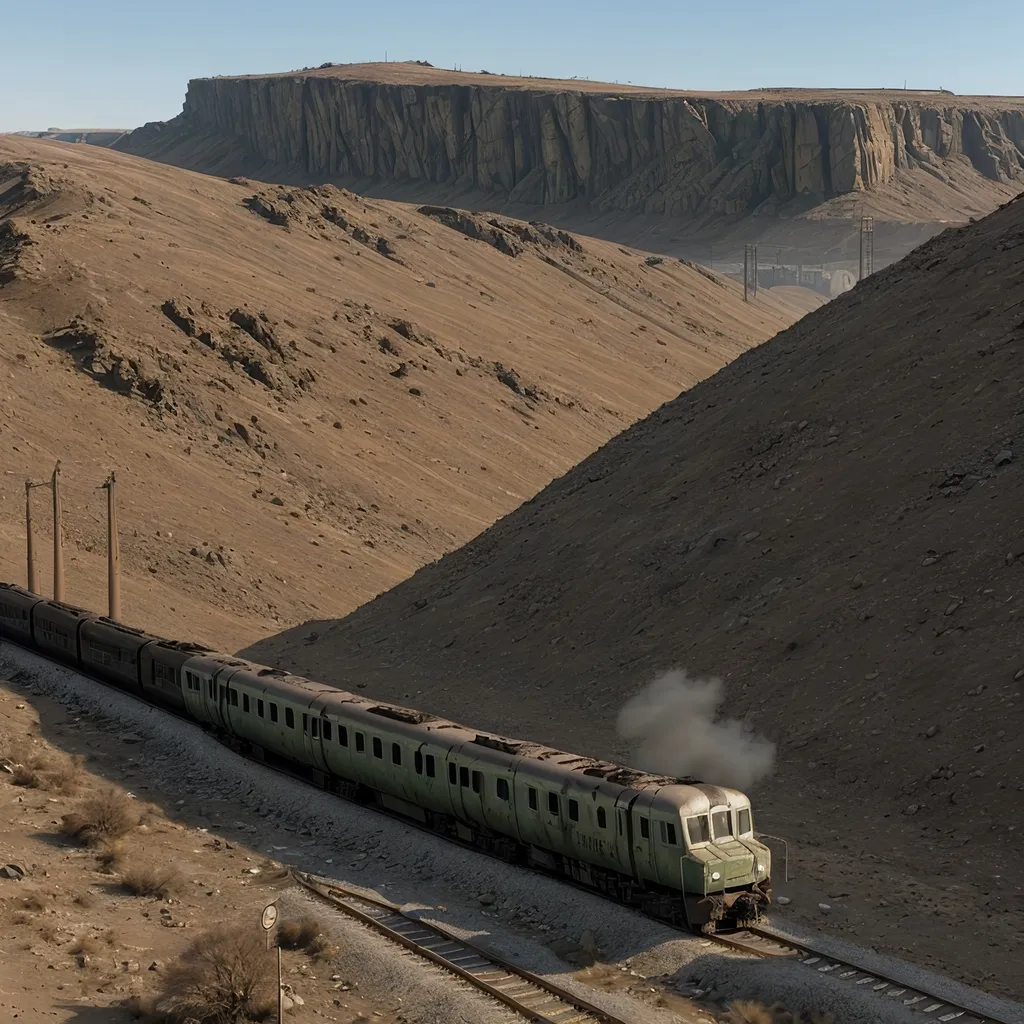 Prompt: Setting: Post apocalyptic dystopia
Railway line running through some barren hills
