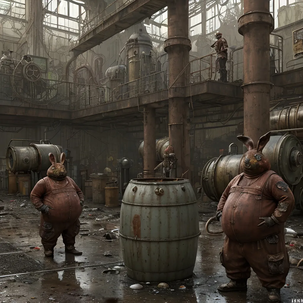 Prompt: A leaky rusty vat full of leaking rusty chemicals in a steampunk boilerpunk factory. Post apocalyptic interior. Debris rubbish and graffiti, ground littered with bits of machinery.  fat men wearing rabbit costumes in the foreground, 2 fat men the background