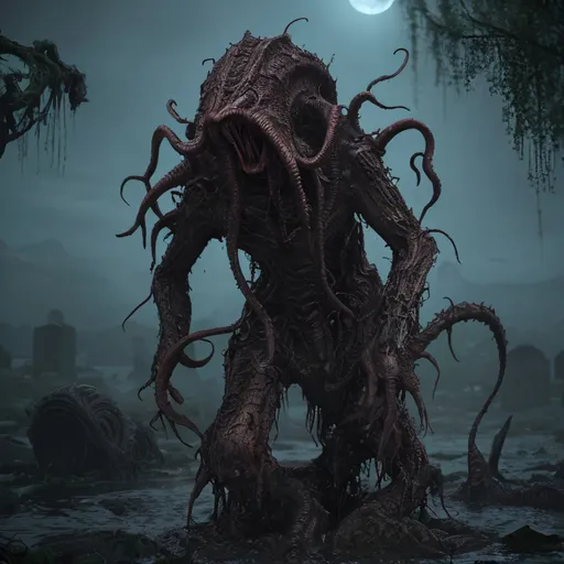 Prompt: a lovecraftian creature rising out of the swamp, horror, alien squid hybrid, dark eyes,  polymorph, 4k, sharp focus, studio photo, intricate details, highly detailed, graveyard
