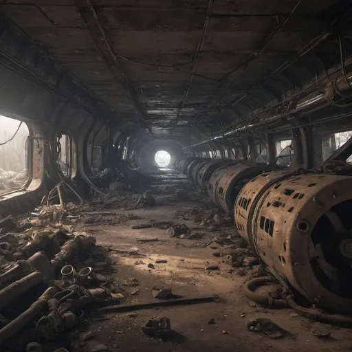 Prompt: a large Underground shelter, worn out, rusty, bullet holes, Military equipment, Mechanical equipment, lots of metal cables, many metal wastes, burn effect. HD, hyper realistic, 4k 8k