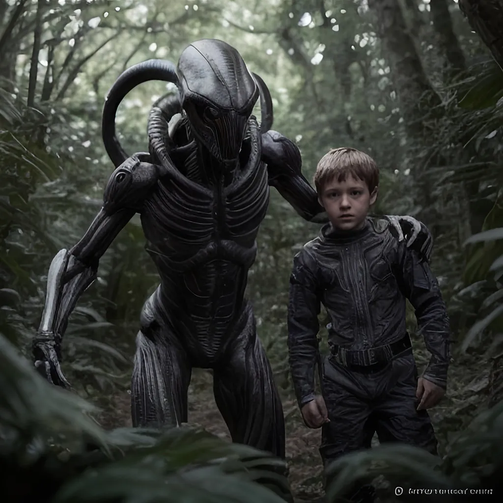 Prompt: Xenomorph and a human boy in the forest, 4k, sharp focus, studio photo, intricate details, highly detailed
