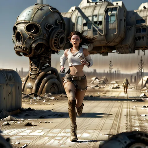 Prompt: Young woman wearing a white shift running in a Post apocalyptic wasteland, exterior 