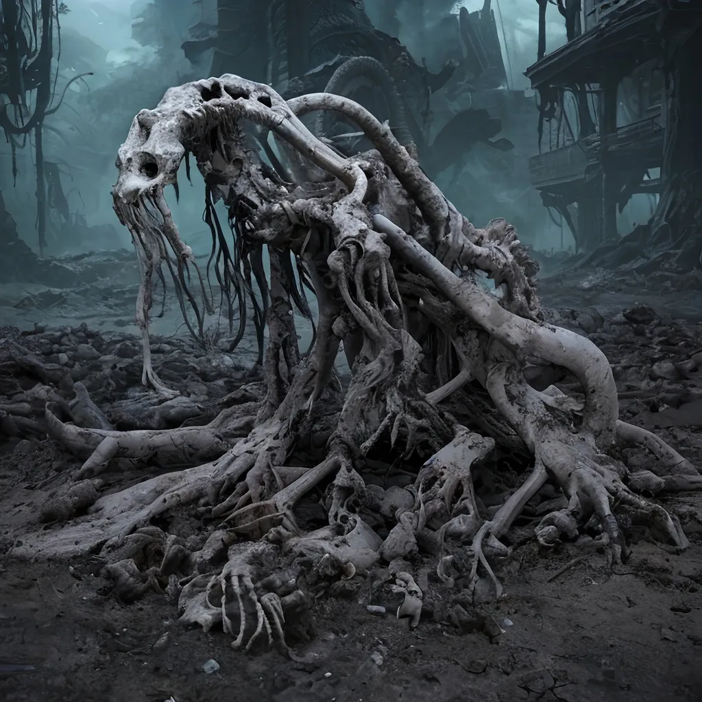 Prompt: fantasy, lovecraftian creature, horror, alien squid hybrid, dark eyes, polymorph, 4k, sharp focus, studio photo, intricate details, highly detailed,  ground scattered bones, overgrown post apocalyptic, bones scattered on the ground
