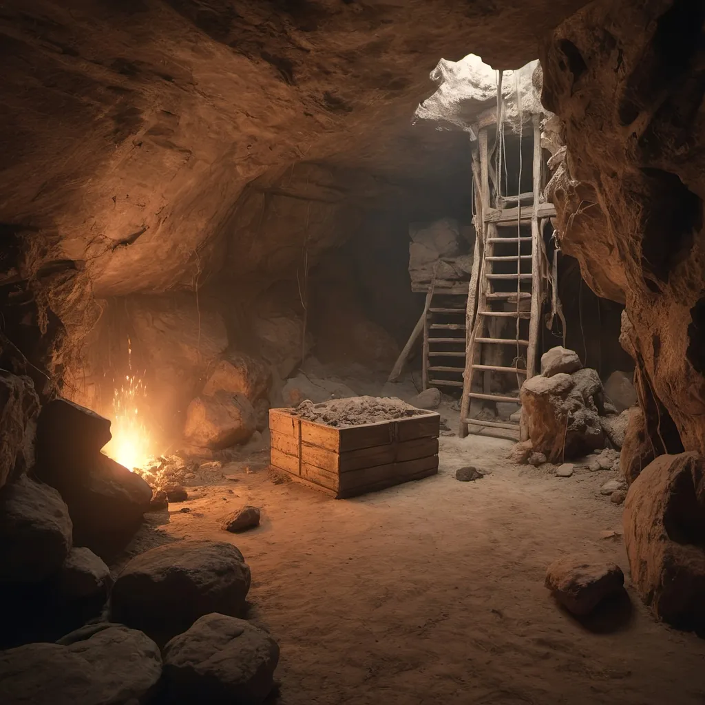 Prompt: interior of a long mineshaft, cave, dusty, cobwebs, flickering torchlight,  HD, hyper realistic, 4k 8k