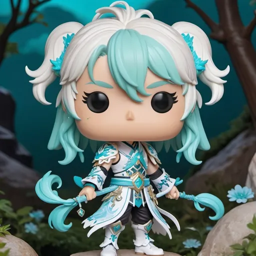 Prompt: Fantasy-style Funko Pop (resembling Genshin Impact character), long hairstyle with (white and a touch of cyan), outfit featuring (white and cyan) colors, enchanting expression, intricately detailed elements, vivid fantasy vibe, whimsical and charming atmosphere, magical background of a fantastical landscape, ultra-detailed, vibrant colors, 4K quality, captivating and playful design.