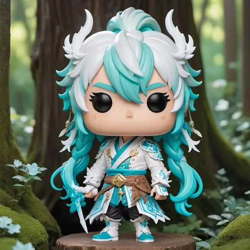 Prompt: Fantasy-style Funko Pop (resembling Genshin Impact character), long hairstyle with (white and a touch of cyan), outfit featuring (white and cyan) colors, enchanting expression, intricately detailed elements, vivid fantasy vibe, whimsical and charming atmosphere, magical background of a fantastical landscape, ultra-detailed, vibrant colors, 4K quality, captivating and playful design.