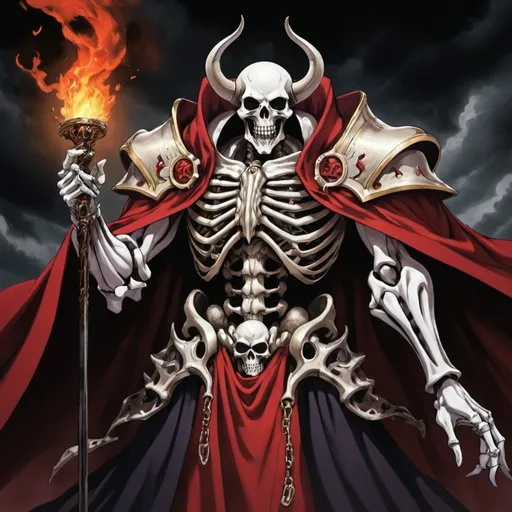 Prompt: Ainz Ooal Gown un Overlord una criatura esquelética q tiene un orbe rojo oscuro flotando debajo de sus costillas que emanan una sensación de temor usando una ropa tradicional se convirtió en un Overlord, un ser supremo que trasciende las limitaciones mortales. Su conexión con la energía demoníaca divina se fortaleció, permitiéndole usarla para comunicarse de manera sobrenatural.